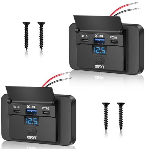 Daakro 2 Stück 90W USB Ladebuchse,Mit Voltmeter Dual PD3.0 & QC3.0 USB 12V Autoladegerät,Handy Schnellladegerät Wasserdicht mit Schalter für 12 V / 24 V Wohnwagen, Autos, Motorräder, LKWs