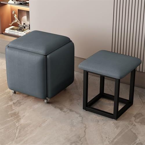 Asiento de cubo apilable 5 en 1 con ruedas giratorias, otomana móvil y taburete con ruedas para sala de estar y dormitorio, diseño compacto de piel de napa azul