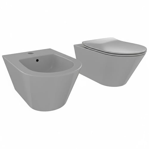 Bricozone Coppia Di Sanitari Sospesi In Ceramica Set Wc E Bidet Da Parete Design Moderno Con Copri Wc Soft Close E Finitura Opaca Ideali Per Bagno Contemporaneo Facili Da Pulire (Grigio opaco)