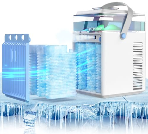 Portable Air Conditioner, 5 in 1 Air Cooler Mini Air Conditioner Fan with Spray & Colorful Night Light, Portable Air Cooler for Home, Office, Travel, Adjustable Wind Speed Spray Mode, 6 Ice Bottles