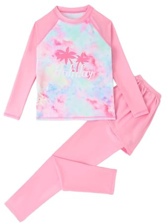 Traje de baño para niña, traje de baño de dos piezas para niños, niña, manga larga, camiseta Rashguard + bañador, Rosa., 13-14 años