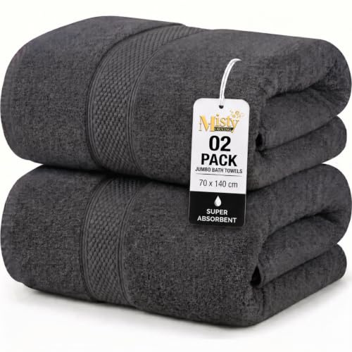 MistyMorning badhanddukar paket med 2, extra stora (70 x 140 cm), lyxiga 100 % bomull 500 GSM supermjuka och mycket absorberande snabbtorkande lyxiga badrumshanddukar (2, badhandduk) (kol)