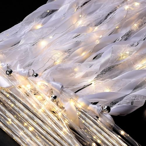 20 Stück Wedding Wands mit LED Warmweiße Glowstick,Zauberstäbe Hochzeit Luftschlangen, Hochzeit Stäbe mit Glöckchen,Geeignet für Hochzeiten, Geburtstage und festliche Anlässe(weiß)
