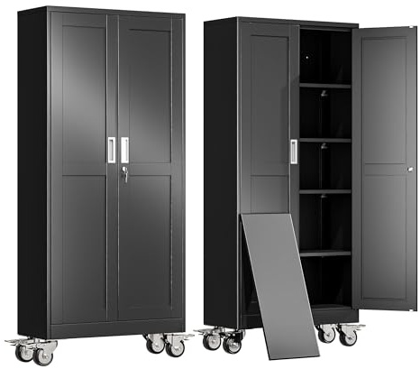 erosoei 71 H Metal Garage Storage Cabinet, Rolling Tool Cabinet with 2 Doors and Wheels, Locker Steel Cabinet with 4 Adjustable Shelves, Organization Cabinet for Garage,Office,Home,Gym,School