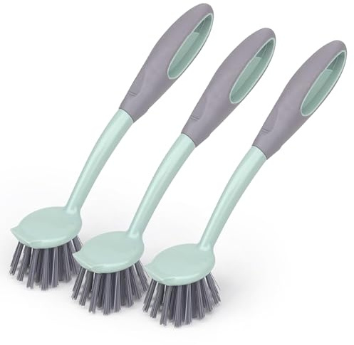Topest Dish Pot Brush with Non-Slip Ergonomic Handle | Durable Long Reach Bristles | Dish & Pot Scrubber with Built-in Scraper | Ideal for Pots, Pans, Glasses, Sink, Mugs, Bottles, Sink etc -Pack of 3