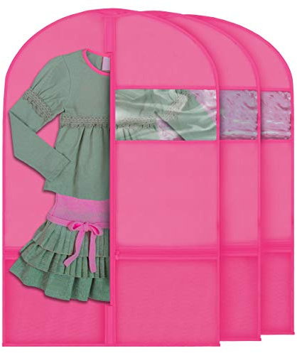 Plixio Garment Bags for Kids Dance Costumes with Transparent Window and Zippered Mesh Pockets for Shoes and Accessory Storage (3 Pack) (Pink: 36 x 23)