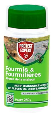 PROTECT EXPERT Poudre Anti-Fourmis & Fourmilières - Action Choc - 250g | Action Choc & Protection Longue Durée - A Base De Fleurs De Chrysanthème - Abords De La Maison - FPNAT250N