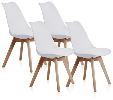 Bistro, Pack 4 Sillas de Comedor, Sillas de Salon o Cocina, Acabado en Simil Piel Blanco y Madera, Medidas: 48 cm (Ancho) x 54 cm (Fondo) x 84 cm (Alto)