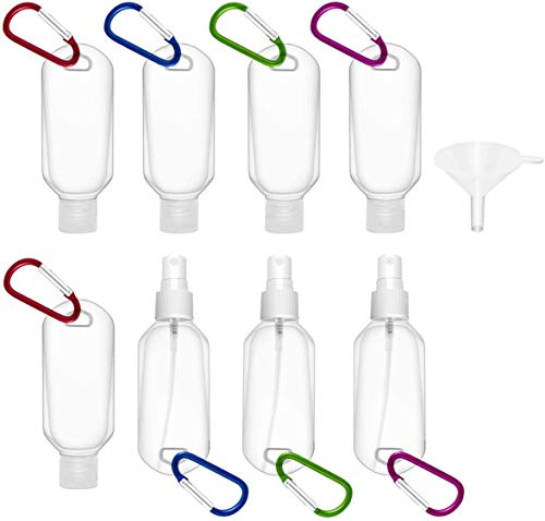 Tenlacum 50 ml nachfüllbare Flaschen, Reise-Karabiner mit Schlüsselanhänger-Clip, tragbar, Desinfektionsmittel, Handbehälter, transparent, leere Flaschen, 8 Stück, Transparent, M