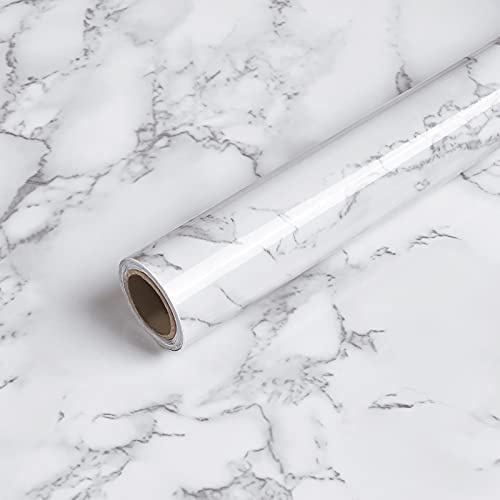 Caltero Marble Contact Paper 15.7 x 394 White Grey Marble Wallpaper Peel and Stick Glossy Marble Contact Paper Self Adhesive Contact Paper for Countertop Kitchen Cabinets Bathroom