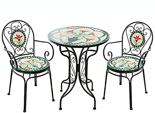 QLLL 3-Teiliges Bistroset aus Eisen im Europäischen Stil mit Retro Buntglas Mosaik Blumenmuster - Outdoor/Indoor Gartenmöbel Set mit Armlehne und Rückenlehne - Balkonset Bistro Set