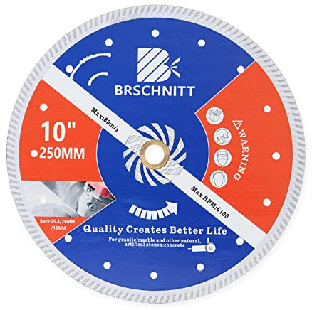 BRSCHNITT Diamond Disc for Concrete Masonry,250mm with Arbor 25.4mm-20mm-16mm Dry/Wet Continuous Rim Diamond Cutting Disc for Granite Marble Stone Hard Concrete Reinforced Concrete