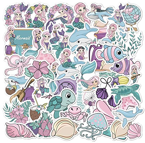 50 Stück Aufkleber Meerjungfrau, Süße Meerjungfrau Prinzessin Stickers | Kawaii Vinyl Aufkleber, Wwasserdichte Aufkleber für Kinder Mädchen, DIY Aufkleber Set für Fahrrad, Skateboard, Helm