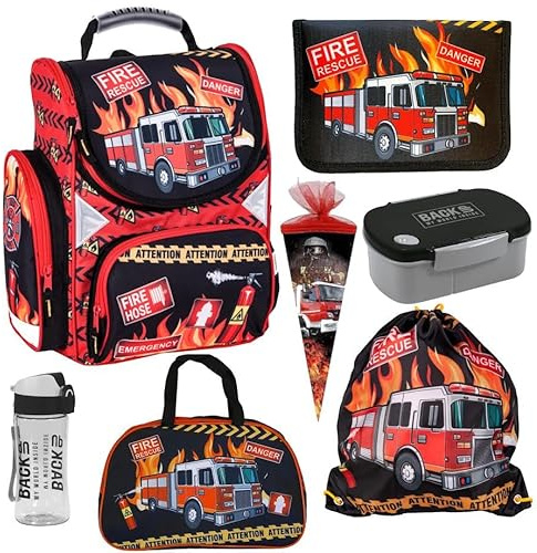 Goldkids Feuerwehr Firefighters Schulranzen Grundschule ergonomischer Ranzen Federmappe Federtasche Federmäppchen ohne Inhalt Turnbeutel Brotdose Trinkflasche Zuckertüte Sporttasche 7er Set Fire