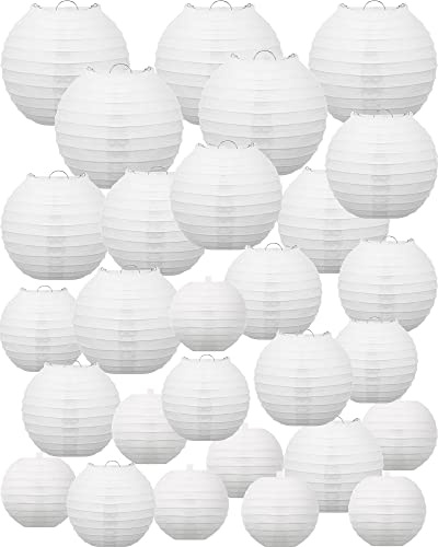 Treela 80 Pcs Paper Lanterns Chinese Japanese Lanterns for Wedding, 4'', 6'', 8'', 10'', 12'' Lamps for Ceiling Hanging Decor Spring Bridal Baby Shower Birthday Party Decorations Easter(White)
