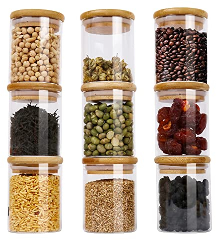 HUALIANG Set di 9 Barattoli Vetro con Coperchio, 250 ml barattoli cucina, con coperchi in bambù e 125 etichette, Contenitori Vetro Per Alimenti, in Borosilicato, Per Caffè, Spezie, Pasta, Noci