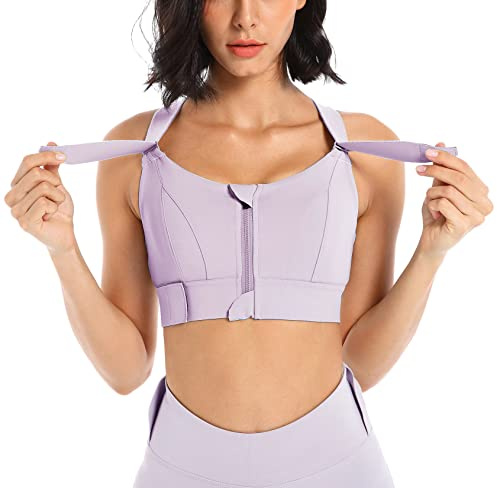 SEAUR Sport-BH fast bröstvaddering främre dragkedja dam-bh med justerbara/ej justerbara remmar träning bustier för löpning yoga, (stil 1, justerbar) lila, L