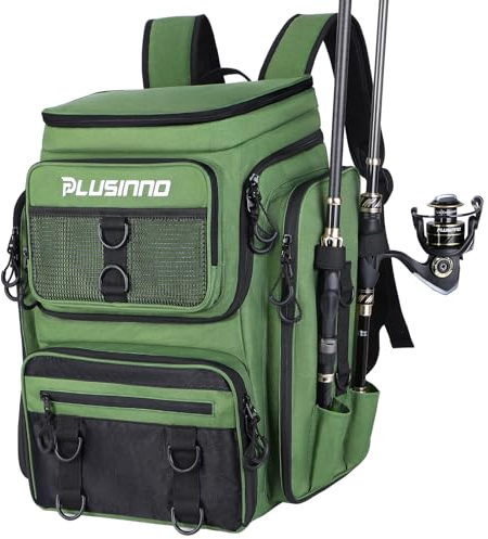 PLUSINNO Angelrucksack mit Rutenhaltern, 42 l, groß, wasserabweisend, Angelausrüstung, Angelausrüstung für Angeln, Camping, Wandern, Angeln, Geschenke für Männer, Vater, Grün