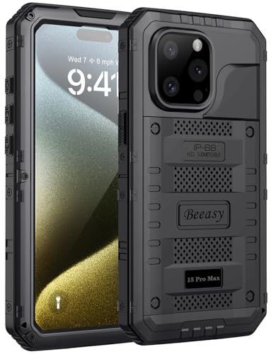 Beeasy für iPhone 15 Pro Max Hülle Wasserdicht Outdoor Stoßfest Metall Schutzhülle, Militär 360 Grad Panzerhülle Staubdicht mit Displayschutz Robust Hardcase Heavy Duty Handyhülle Case 6,7, Schwarz