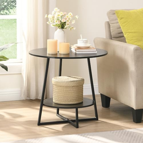 D&H FURNIMMT 20 Living Room Side Table for Small Spaces, 2 Tier Wood Top Round End Tables with Storage Shelf, Accent Sofa Table for Bedroom, Office, Sunroom, Balcony, Black