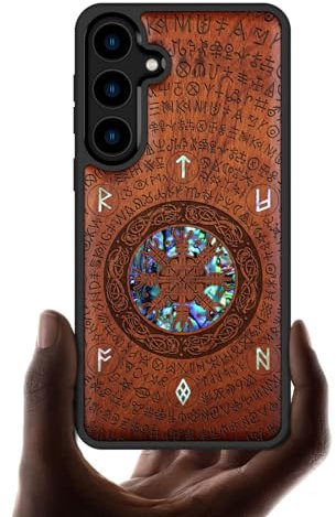 Carveit Designer Wooden Case for Samsung Galaxy S24 Plus - Viking-Red Wood with Mother of Pearl Inlays & Laser Engraving Capability - Compatible with Wireless Chargers