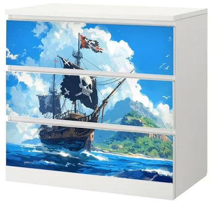 Sunnywall® Möbelfolie passend für IKEA Malm Kommode Schrankfolie Aufkleber mit Piraten Schiff Motiv | blasenfrei verkleben | Kinderzimmer 3er 80 cm