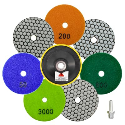 QUEFORET Diamant Polierpads Set 9 Stücke - 7 Stücke 100mm Trocken Polierscheiben (Körnung 50/100/200/400/800/1500/3000), 1 Stück Polierteller, 1 Stück Adapter für Granit Marmor Quarz Kunststein