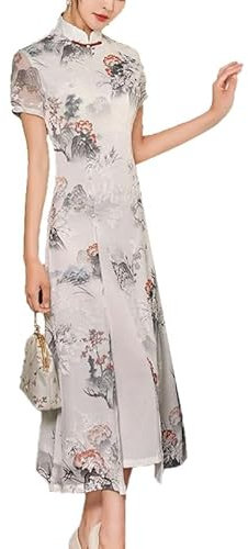 keepmore Vietnam Style Traditionnel Ao Dai Vintage Cheongsam en Mousseline Florale Manches Courtes Rétro Robe de soirée de Mariage Chinoise Qipao