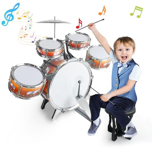 KALADUCK Kids Drum Kit Ages 3-5, Junior Toddler Set with Five Drums, Sticks & Chair - Perfect Musical Toy for Early Education & Gift