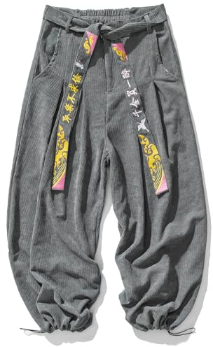 Gurunvani Pantalon pour homme en velours côtelé large avec cordon de serrage, pantalon cargo vintage, gris, XL