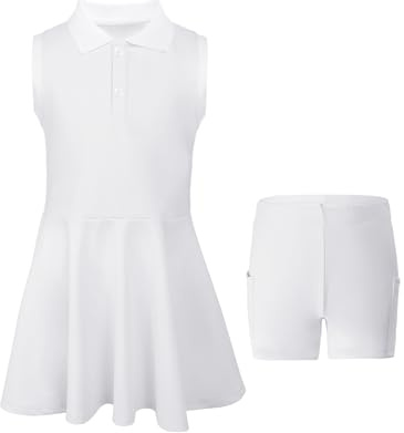 SPFASZEIV Vestito da Tennis per Ragazze con Tasche Separate per Pantaloncini Abito Sportivo da Golf Senza Maniche Polo Tennis Dress 9-10 Anni Bianco