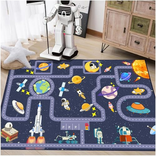 Pyrrhite Outer Space Kid Rug，Boys Car Rug for Kids Toy Cars Have Fun Safely, Non-Slip Educational City Road Rugs Carpets for Kid Room Bedroom（47×31 in