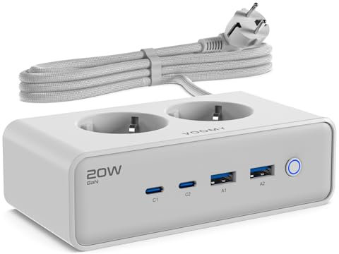 VOOMY Regletas Enchufes con 20W USB-C Carga Rápida, Regleta Enchufes con USB (2 USB-C y 2 USB-A), Alargador Enchufe con 2 Tomas, Enchufe multiple con Interruptor, proteccion sobretension y Cable de 2m