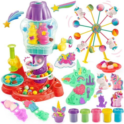 Crelloci Deluxe Unicorn Ferris Wheel Candy Land Dough Set, Colorful Candy Twist Machine, Sweet Ferris Wheel Candy Holder, Unicorn Molds, Food Modeling Dough Play Tools Kit for Kids Ages 3+ (5 Dough )