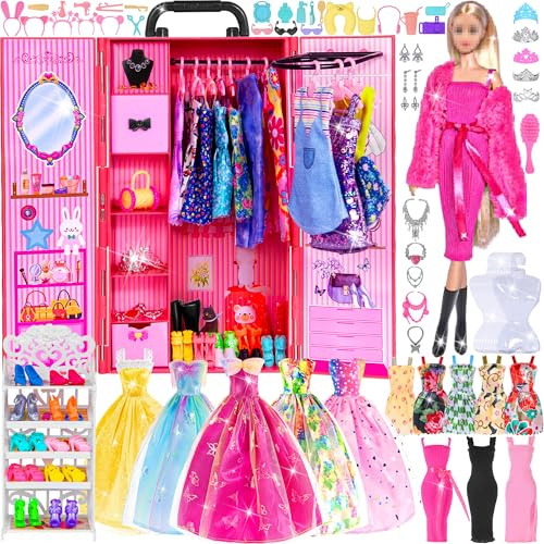 dollbie 11.5 Zoll Mädchen Puppe mit Puppe Kleiderschrank Schrank Playset schließen Mode Lange Kleider, Schuhe, Handtaschen und anderes Zubehör für Mädchen Alter 3+ Geschenk EIN (Rose)