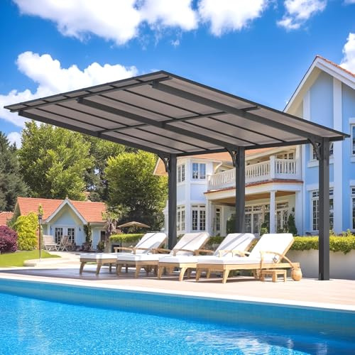 AECOJOY 14' x 10' Gazebo for Patio, Hard Top Lean to Gazebo Pergola Carport, Freestanding Shelter Pergolas and Gazebos Clearance with Patio Roof, Wall-Mounted Heavy Duty Awnings for Patio, Decks