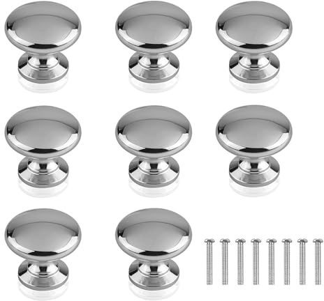 XMDROU 8PCS Round Chrome Cabinet Knob,29x21mm Silver Drawer Knob with Screw | Mushroom Shape Door Knobs Included, Drawer Pulls, Cupboard Handles, for Kitchen Bathroom Ward, Chrome Finish