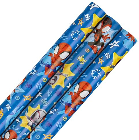Hallmark Geschenkpapierrolle, 3 Stück in 1 Marvel Spidey & His Amazing Friends Design, je 2 m, Geburtstag, Weihnachten, Blau | Geburtstag, Weihnachten, Spider-Man, Geisterspinne, Mile Morales's Spin, jede Rolle 70 cm x 200 cm, praktisches
