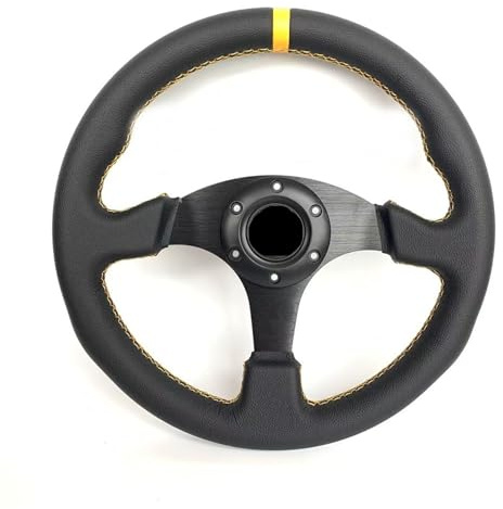 Volante sportivo a fondo piatto da 330 mm, in vera pelle con cuciture rosse e gialle, ruota universale da gioco per auto e PC, aggiornamento stile da corsa (pelle gialla Omp)