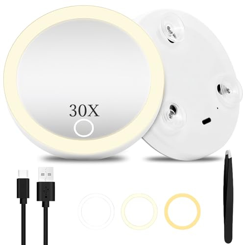 AMFUN Kosmetikspiegel mit Beleuchtung, 30-Fach Vergrößerungsspiegel mit Licht, 3 Farbe Modi Dimmen beleuchtete Make-up-Spiegel mit 3 Saugnäpfen, für Wand- oder Tischspiegel Badezimmer
