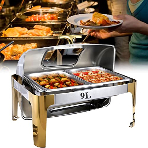 FBHappiness Catering Insulation Trayelectric Chafing Dish Buffet Warmer With Rolling Top - Food Warmer Buffet Server With Glass Lids Catering For Parties,Full Pan-13L,1/2 Pan9L