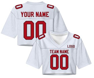 Generisch American Football Trikot Damen personalisiert Name Nummer, Rugby Trikot Bauchfreies Oberteil Kurzarm Cheerleader Outfit, Y2K Crop Top V-Ausschnitt Streetwear Mädchen