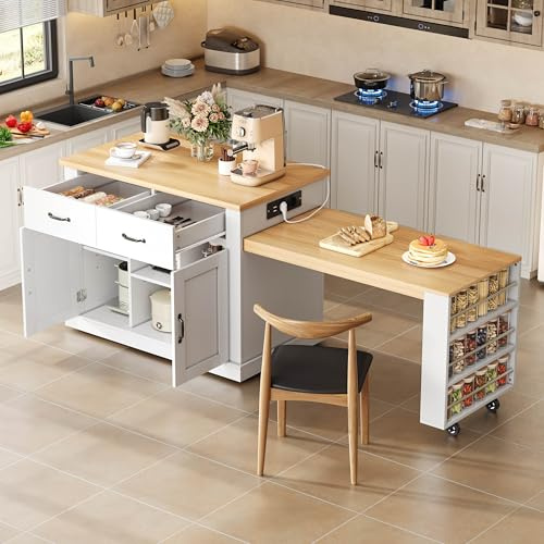 Kebnor Isola da cucina mobile, carrello da cucina con tavolo da pranzo estraibile, tavolo da bar retrattile, 7 ruote, scaffali portaoggetti, scaffali regolabili, 132 (235) x 60 x 93 cm (bianco +