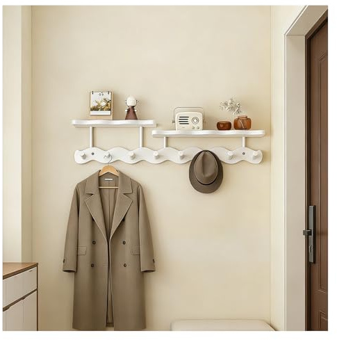 Wandgarderobe mit Ablage Weiß aus Bambus, Garderobenleiste Weiß 6 Haken, Wandregal im Wellen-Design, Schlüsselbrett & Handtuchhalter für Flur Bad Kinderzimmer