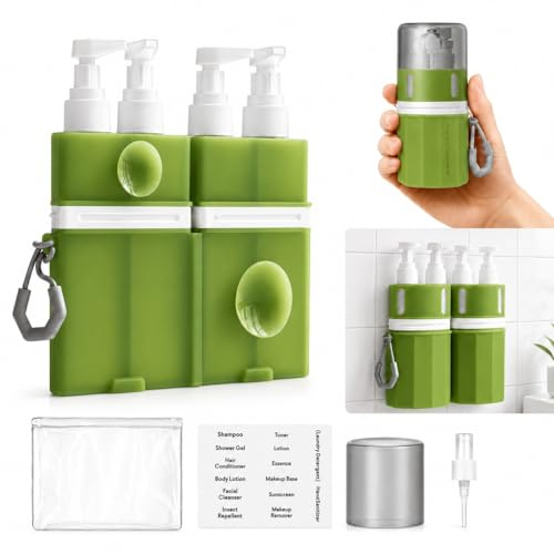 CMOLARI Frascos de viaje recargables 4 en 1 - Kit de viaje Avión Silicona Inodoro, Succión de pared, Bomba, Spray, Etiquetas, Bolsa, Contenedor de viaje, Accesorios de viaje (Verde)
