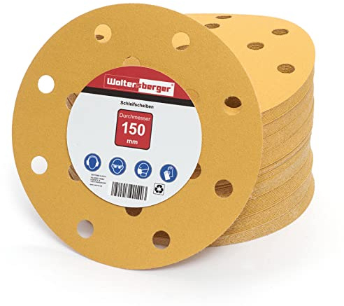 Woltersberger® 50 Stück Exzenter Schleifscheiben Ø 150mm | Körnung P60|P100|P150|P240|P400 | 15 Loch in gold | für optimales schleifen, vielseitig einsetzbar | Klett Schleifpapier Klettscheiben Set