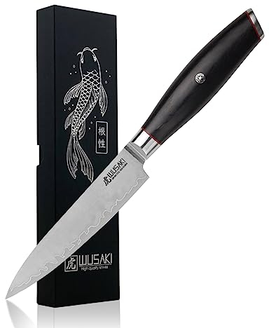 Wusaki Fujiko Black - Couteau Universel 12cm Lame Lame San Mai 3 Couches 10CR au Carbone Manche Pakkawood