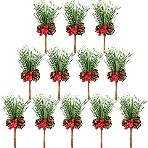 TUPARKA 12 STÜCKE Künstliche Kieferkegel Picks Dekor Holly Berry Stems Picks für Weihnachten Blumenschmuck Kränze Dekorationen und Holiday Crafts und Floral Projekte Dekorationen