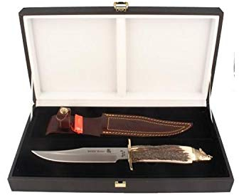 Muela Cuchillo WILD BOAR-16A hoja de acero ACX-380 de 16 cm y empuñadura de asta de ciervo para Caza, Pesca, Supervivencia y Bushcraft Realizado en Ciudad Real + Portabotellas de regalo