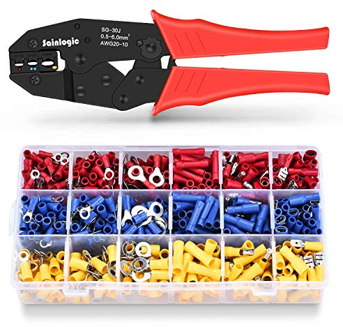 Sainlogic Crimpzange Kabelschuh Set, Krimpzange Kabelschuhe Set mit 700 Stk, Elektrische Steckverbinder Quetschverbinder Sortiment für 0,5-6 mm² Isolierte Kabelschuhe, Kabelschuh Zange